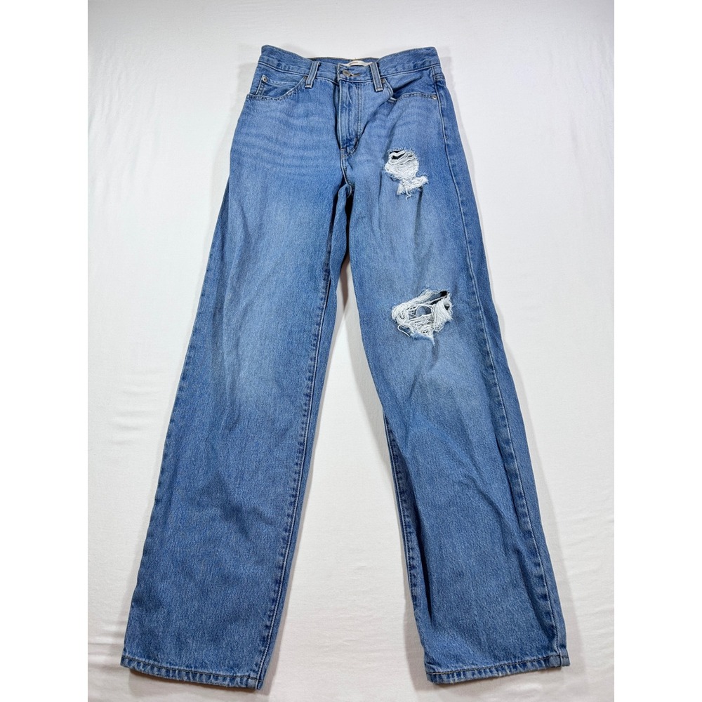Levis 94 Baggy Distressed High Rise Wide Leg Jeans Blue Denim W25 L31